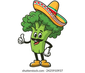 Broccoli wearing a sombrero, Mexican hat cartoon mascot illustration character vector clip art hand drawn