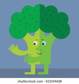 Broccoli with welcome hands. Flat style vector illustration. Funny cartoon character for agriculture or food design