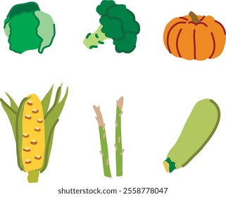 Broccoli, zucchini, corn, asparagus, pumpkin, cartoon icons, vegetable icon set