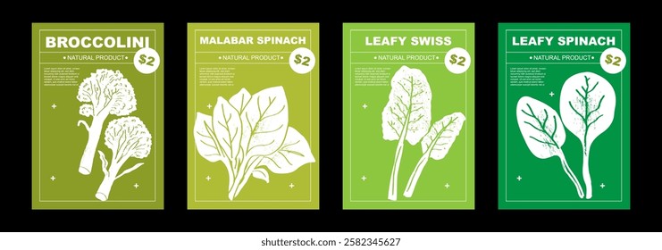 Broccolini, malabar spinach, leafy Swiss, spinach. Set of posters of vegetables in a abstract draw design. Label or poster, price tag. Patterns and backgrounds. Perfect for poster, cover, banner.