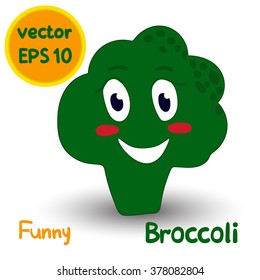 Broccolli Vegetables funny characters. Vector illustration. Cartoon style. Face with eyes and smile. ?olor image isolated on a white background. EPS 10
