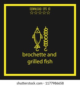 brochette and grilled fish sketch vector icon