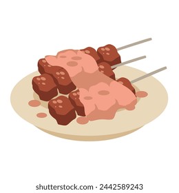 Brochette or suya vector illustration, sate or beef satay skewers with peanut sauce, yakitori or chuanr on plate, satti or kebab picture