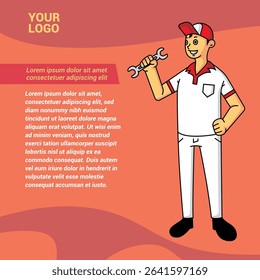 brochure about inviting vehicle repair with mascot of person with wrench