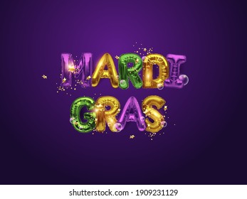 A brochure about Mardi Gras. Vector logo with an inscription of metal balls with stars and symbols of fat Tuesday. Greeting card with colorful letters on the background of traditional flowers