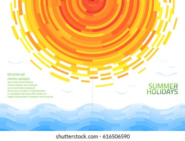 Brochure with abstract sun and sea. Template of magazine, poster, book cover, banner, flyer, booklet. Summer holidays. Vector illustration.