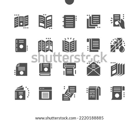 Brochure. Advertising, card, flyer, layout, booklet, document, blank and promotion. Brochure catalog. Vector Solid Icons. Simple Pictogram
