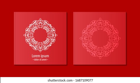 Brochure and annual report cover design templates of fashion ornament, ornate icon. Vector illustrations for flyer layout, marketing material.
