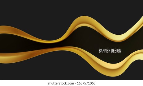 
Brochure, banner, poster design template. Golden wave stream on black background.