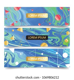 brochure and banner set with geometric shape with golden element triangle, box, line and marble stone texture