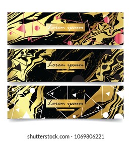 brochure and banner set with geometric shape with golden element triangle, box, line and marble stone texture
