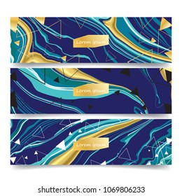 brochure and banner set with geometric shape with golden element triangle, box, line and marble stone texture