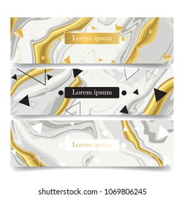 brochure and banner set with geometric shape with golden element triangle, box, line and marble stone texture