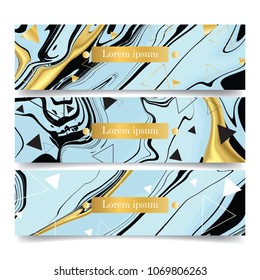 brochure and banner set with geometric shape with golden element triangle, box, line and marble stone texture