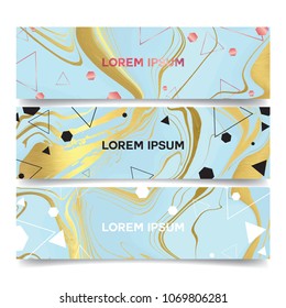 brochure and banner set with geometric shape with golden element triangle, box, line and marble stone texture