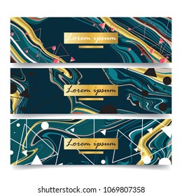 brochure and banner set with geometric shape with golden element triangle, box, line and marble stone texture