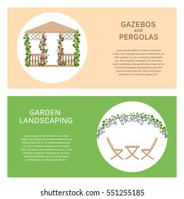 Brochure or banner template, illustration of vertical gardening by climbing plants. Colored gardening icons. Elements of landscape design in flat style. 