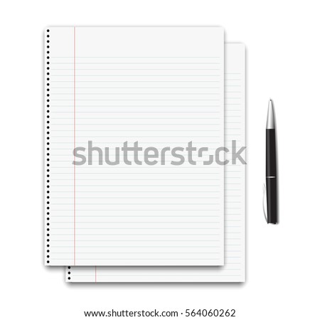 Brochure. Blank sheet of white line paper and pen. Top view