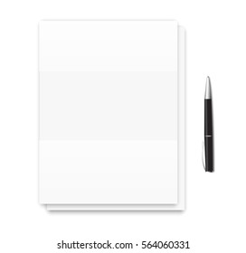 Brochure. Blank sheet of white paper and pen. Top view