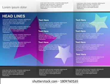 Brochure with blue and pink gradient mesh background decorated with stars and white header and black footer