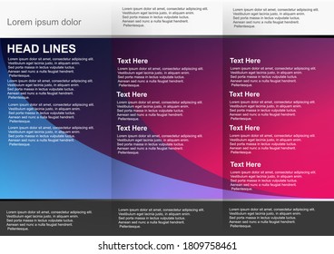 Brochure with blue purple and red arc shapes background with white header and black footer