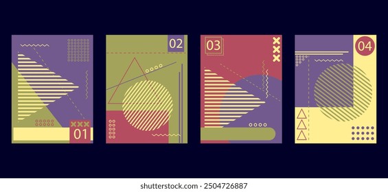 brochure book covers set in abstract modern minimalist geometric design. Memphis style background templates with circle, triangle, hexagonal and squares shapes elements composition