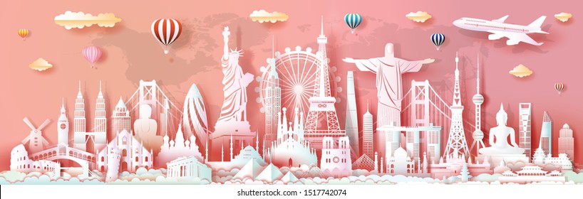 Brochure and business advertising landmarks of world travel monument and architecture skyscraper ancient and modern culture. Panorama postcard, poster travel landmark world with world map background.