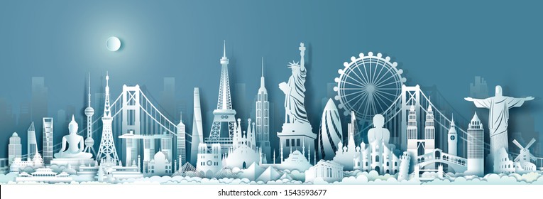 Brochure and business advertising landmarks of world travel monument and architecture skyscraper ancient and modern culture. Panorama postcard, poster travel landmark world with cityscape background.