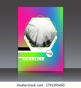 Brochure business cover abstract geometric design, multicolored gradient a4. Construction, annual report. Art cover, backgrounds and textures, hexagons. Information banner frame template and postcards