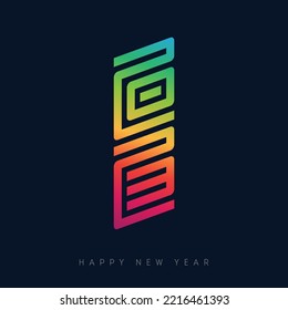 Brochure or calendar design template. Happy New Year 2023. Cover of business diary with wishes and inscription 20 23 looks like oriental hieroglyph. New year's Illustration on dark background.