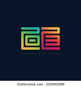 Brochure or calendar design template. Happy New Year 2023. Cover of business diary with wishes and inscription 20 23 looks like oriental hieroglyph. New year's Illustration on dark.