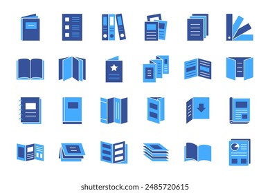 Brochure catalog blue silhouette icon. Editable stroke. Set thin line icons for web design isolated on white background. Flyer poster paper newspaper, greeting card book cover magazine, a4 catalog