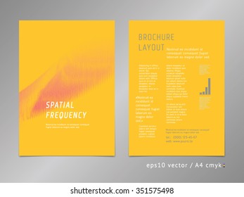 Brochure, catalog, cover, page abstract layout template. Oscilloscope signal representation. Spectrum-like lines, minimalistic yellow color style.