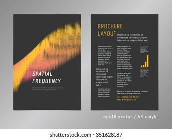 Brochure, catalog, cover, page abstract layout template. Start and growth concept. Oscilloscope signal representation. Spectrum-like lines, minimalistic dark color style.