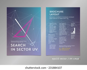Brochure, catalog, cover, page layout template. Moving, thinking forward, progress concept on stars background. Low polygonal design, geometric sharp surfaces, minimalistic color style. Arrow shape.