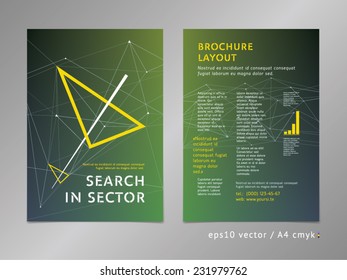 Brochure, catalog, cover, page layout template. Low polygonal design, geometric sharp surfaces, eco color style. Shape in perspective. Moving, thinking forward, progress concept on stars background.