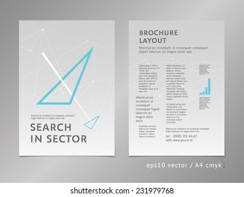 Brochure, catalog, cover, page layout template. Low polygonal design, geometric sharp surfaces, minimalistic color style. Arrow shape. Moving, thinking forward, progress concept on stars background.