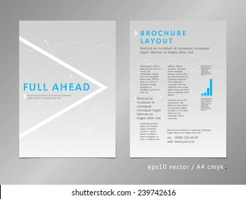 Brochure, catalog, cover, page layout template. Moving ahead concept on network background. Low polygonal design, geometric sharp surfaces, minimalistic white snowy color style. Arrow shape.