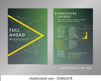 Brochure, catalog, cover, page layout template. Low polygonal design, geometric sharp surfaces, minimalistic eco color style. Arrow shape.