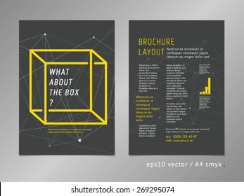 Brochure, catalog, cover, page layout template with optical illusion. Think outside the box concept on dark background. Low poly surfaces, geometric design, minimalistic color style. Square shape.