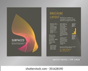 Brochure, catalog, cover, page layout template. Smooth simple shapes, dark digital color. Science-style dotted waves on dark graphite background.