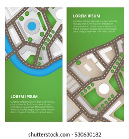 Brochure City map view from above with a lot of roads, cars and orange pin. It can be used for banners, brochures and info graphic