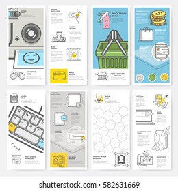 Brochure collection templates: Graphic and Multimedia elements.
Set of four bi-fold print templates with concept icons.