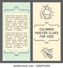 Brochure concept of culinary master class for kids. Doodle style elements and sample text. Suitable for advertising or invitation