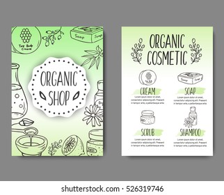 Brochure with cosmetic bottles. Organic cosmetics illustration. Doodle skin care items. Herbal hand drawn set. Spa elements in sketchy style. Bio cream. Women make up icons.