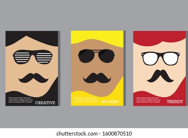Brochure cover with background design / Vector poster design funny characters with mustache and glasses