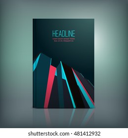 Brochure cover with city architecture element. Modern background for poster, print, flyer, book, booklet, brochure and leaflet design. Editable graphic collection in blue, pink, grey and black colors