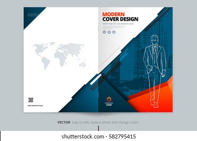 Brochure cover design. Blue & orange corporate business landscape template for brochure, report, catalog, flyer. Layout with modern abstract triangle background. Creative poster, flyer, banner concept