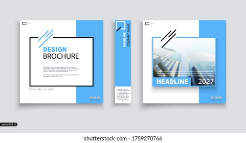 Brochure Cover Design, Blue And White, A4. Tech Info Banner.Title Sheet Model Set Template And Postcards. Construction, Business Card Layout. Strips, Flyer, Text. Quotes, Modern Vector Front Page Art