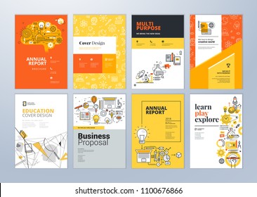 Brochure cover design and flyer layout templates set for education, school, online learning. Vector illustrations for marketing material, ads and magazine, annual report cover, business presentation.